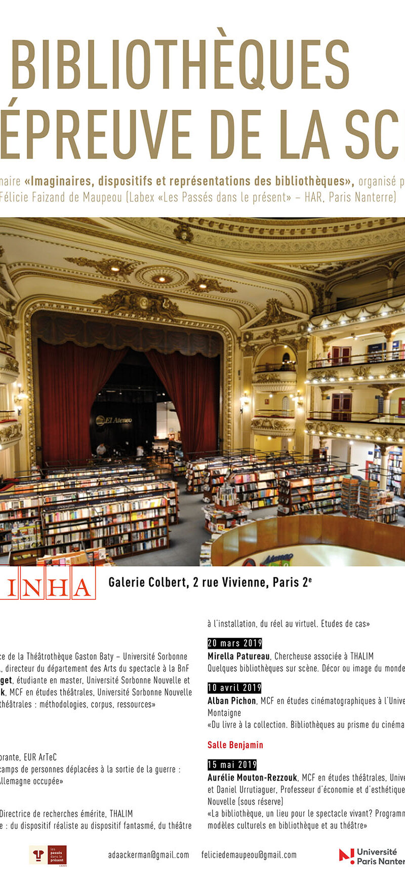 Séminaire / Les bibliothèques à l’épreuve de la scène, 16 janvier-15 mai 2019, INHA, Paris